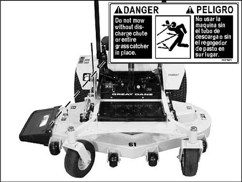 SAFETY LABELS DANGER DANGER Do not mow without discharge chute or entire grass catcher in place.