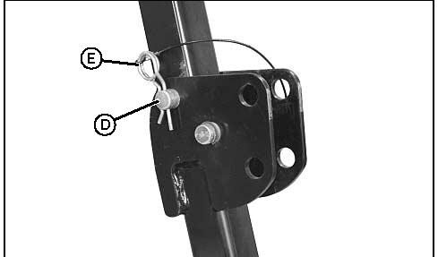 Fold ROPS to the upright operating position and install lock pins (D) and spring pins (E). 5.