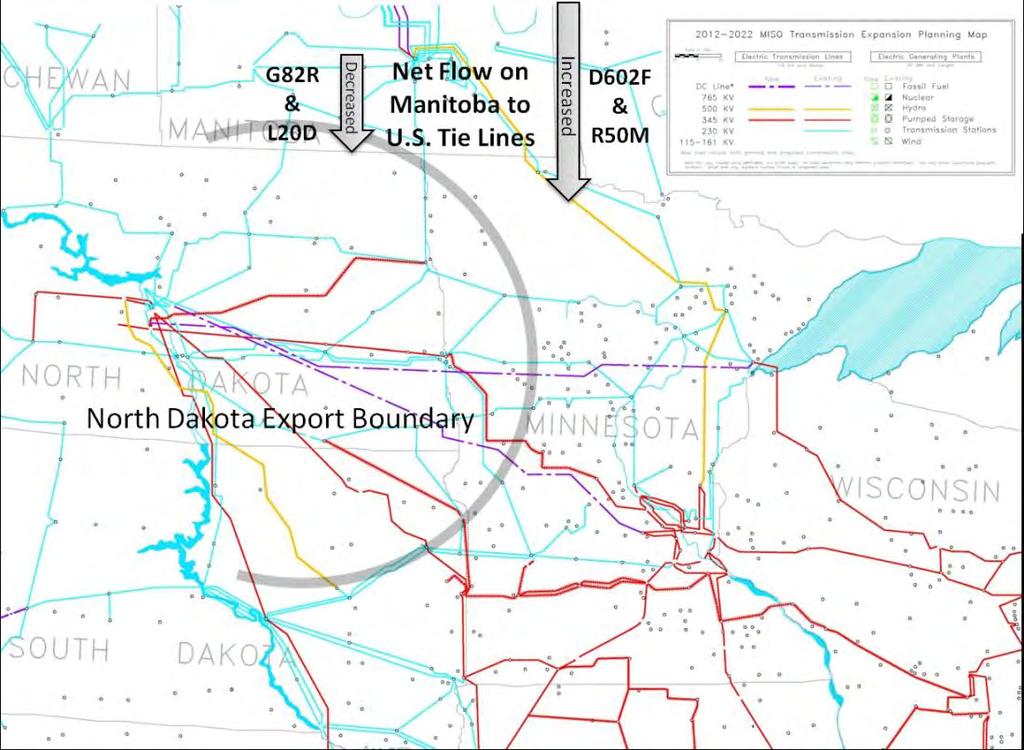 Figure 9 shows the net effect of North Dakota loop flow: Less power flow south on G82R and L20D, and more power flow south on D602F and R50M. Figure 9: Net Effect of Loop Flow on the North Dakota/U.S.