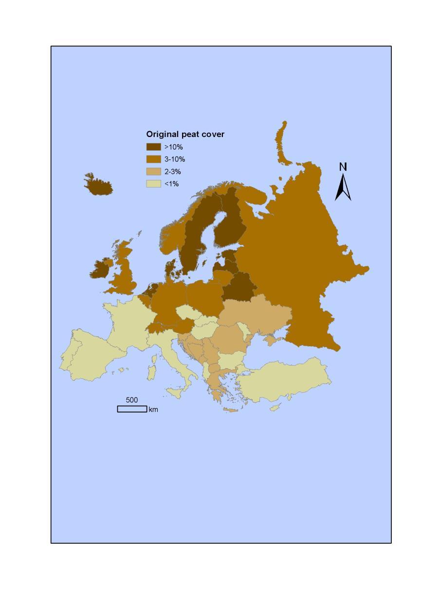 The original and remaining extent of natural peatlands in Europe Western European countries