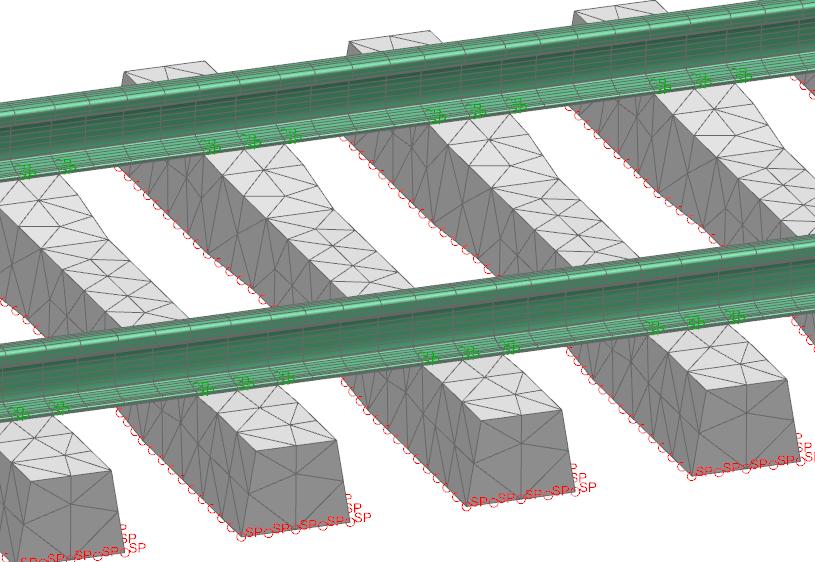EuroNoise 2015 B. Betgen et al.: On the... Figure 2. FE model of a monobloc sleeper track. For both monobloc and bibloc models the rail is excited at 1.2 m from one of the anechoic terminations, i.e. the length of rail available for the determination of DRs is 21.
