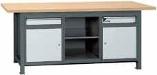 0 22633 WORKBENCH WITH 2 SHEET STEEL CUPBOARDS AND SHELF UNIT T 1 worktop T 1 base frame 800 mm high T 2 sheet steel cupboards with 1 drawer each (H 655 x W 535 x D