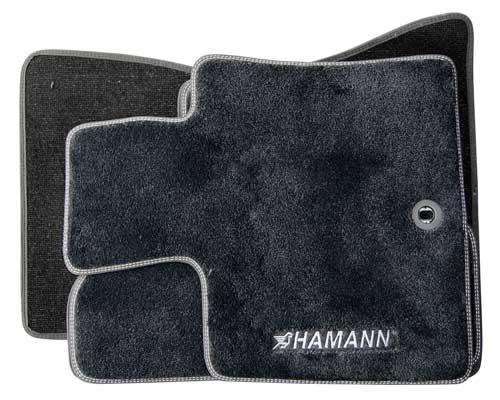Accessories exclusive floor mat set lefthand drive vehicles in deeppile velours black with embroidered HAMANNlogo in silver and nubuck border including double contrast stiching OrderNo.