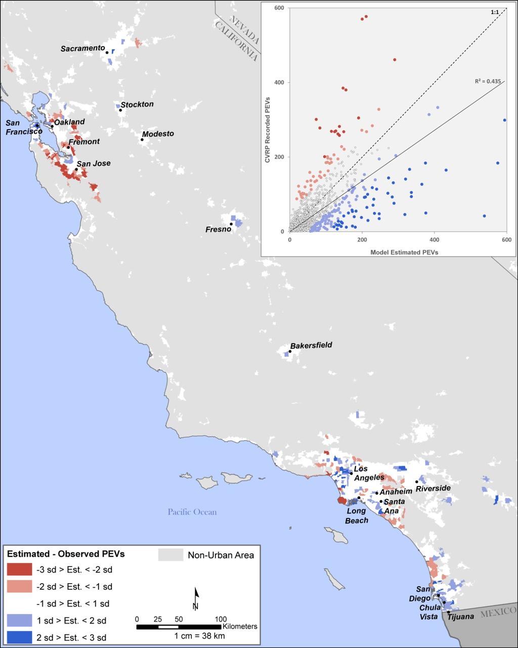 FIGURE 3 Map and scatter plot of the difference between CVRP and model estimated PEVs in California.
