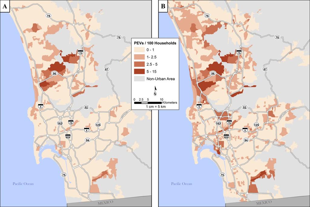 FIGURE 6 Maps of base case (A) and price equalization scenario (B) for the major