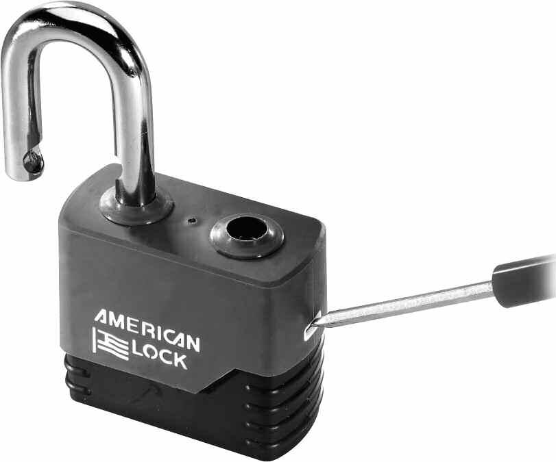 The top half of the cover can typically be pulled up from the padlock body but cannot be removed without disassembly of the lock.