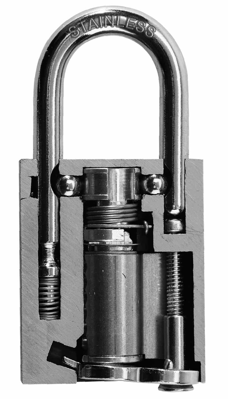 American Lock Stainless Steel Series A5400 & A6400 Disassembly Unlock shackle Use a Phillips screwdriver to remove security screw Remove security nut and trap door Remove cylinder and anti-bypass