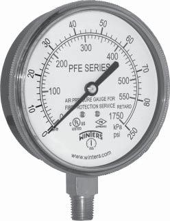 PFE Sprinkler Gauge Description & Features: Specially designed for fi re sprinkler systems Suitable for air and water media Corrosion resistant case Dual scales (psi/kpa, psi/bar, psi/kg/cm 2 ) and
