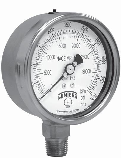 100 compliant (EN837-1 available) CRN registered 5 year warranty Applications: Sour gas applications requiring gauges that meet NACE International Standards Dial Case Lens Ring Socket Connection