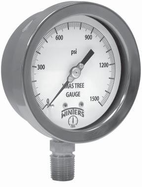 PXT Xmas Tree Gauge Industrial Description & Features: High quality, heavy duty gauge ideal for corrosive environments Stainless steel liquid fi lled gauge (dry optional) 1/2 NPT bottom Stainless