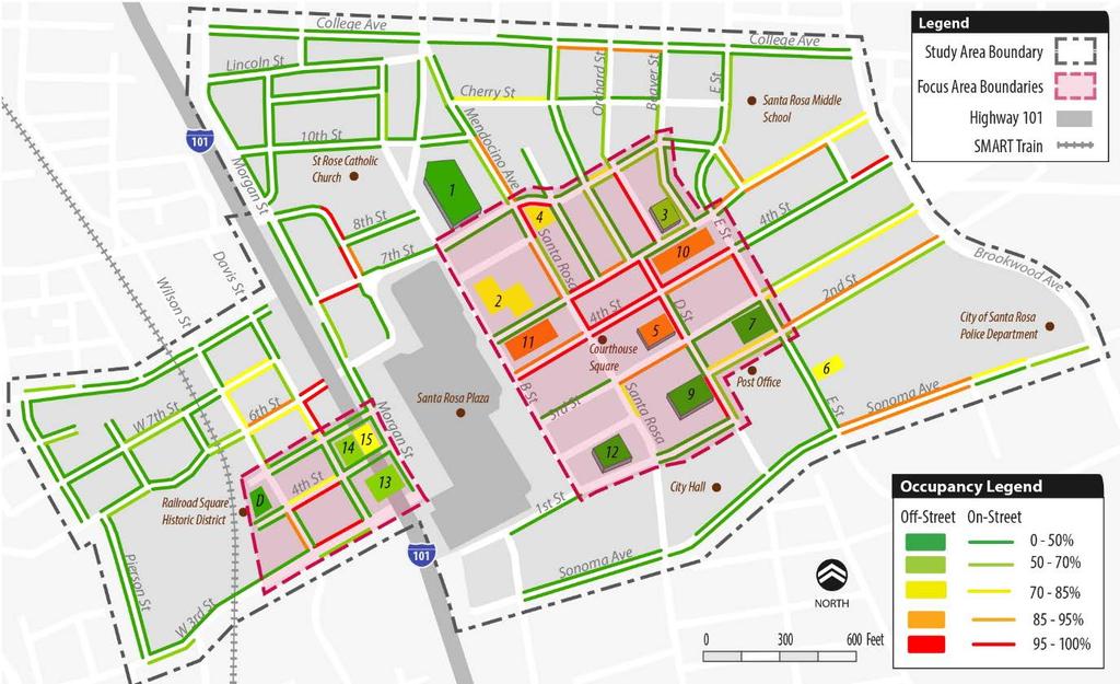 1.3 Parking Occupancy Analysis The parking occupancy analysis details how public parking is utilized in the Santa Rosa study area, the Downtown focus area, and the Railroad Square focus area.