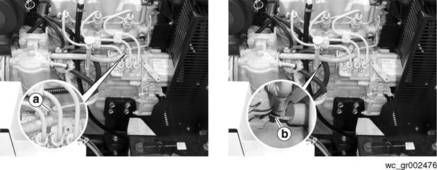 LTC Repair 6.6 Checking Fuel Flow Caterpillar Engine Troubleshooting See Graphic: wc_gr002476 To check the fuel flow on Caterpillar engines, carry out the following procedures. 6.6.1 Loosen the screw securing the banjo fitting (a).