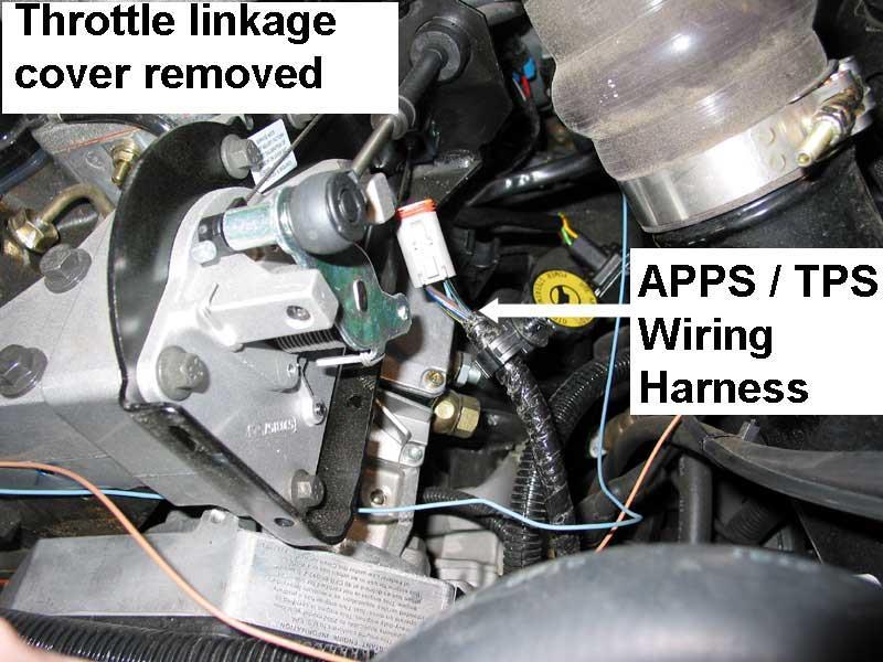 Accelerator Pedal Position Sensor Wiring (2003-04½) 13 Route the Yellow wire from the DFIV module along the driver side of the engine to the throttle linkage and APPS Sensor.