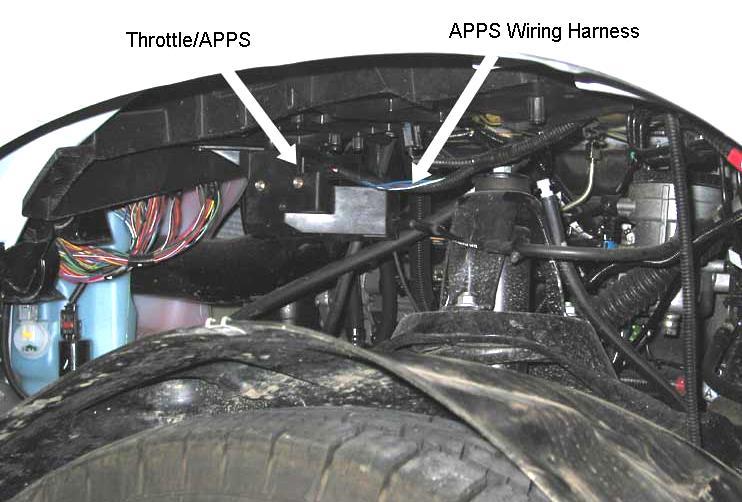 15 Battery mounted APPS Installation RAM 3500: On some truck configurations (i.e. 2003 RAM 3500) the throttle cable/apps will be located UNDER the driver side battery tray and is accessible by removing the inner fender skirt.