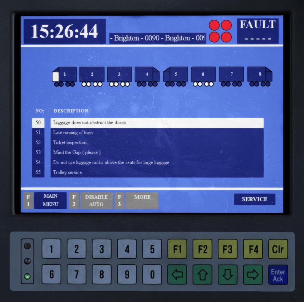 The AUDIO ANNOUNCEMENT page can be accessed via the MAIN MENU page, or by pressing F3 on the TRAIN STATUS page. Pressing F2 on the keypad will disable all automatic TSN related announcements.