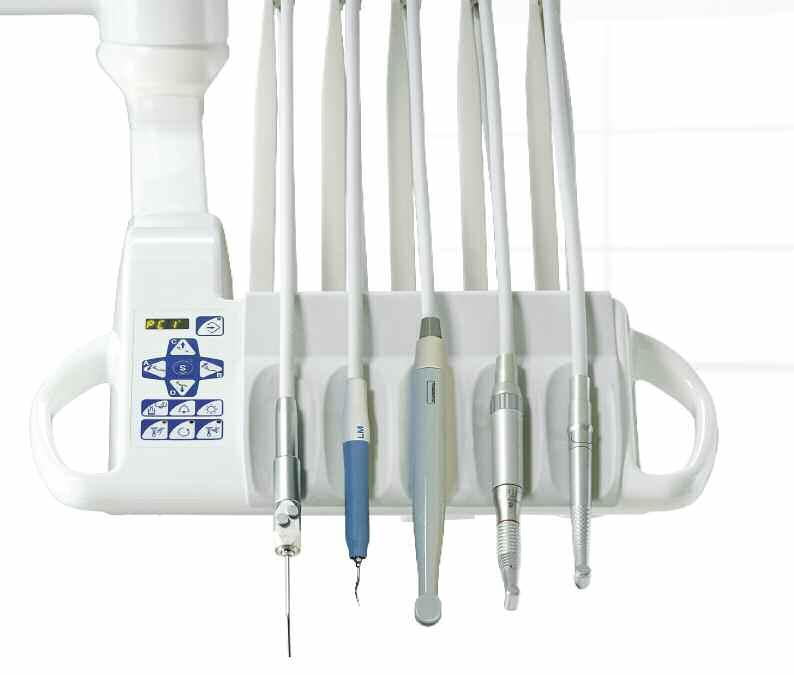 Balanced Arm Instrument Delivery Console shown with syringe and optional four instruments (scaler, intraoral camera, low-speed HP and high-speed HP) as available on compact i and compact e models.