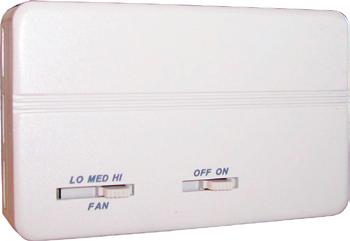 2 Amps at 277 VAC Inductive (Motorload) Ratings 1/4 at 125/277 VAC 1/2 at 250 VAC Horizontal mount with manual on/off switch and manual three speed fan switch.