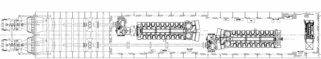 Engine room layout topview gearbox waterjets in parallel engines in a row with slight offset offset between crankshafts and