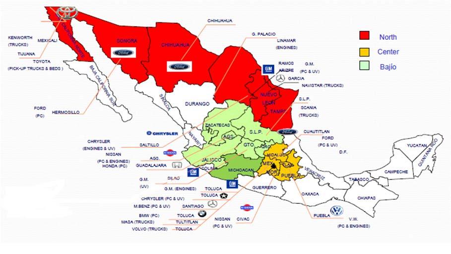 Mexico: one of the largest auto producers Mexico is one of the most highly integrated covering from assembly operations to the tier 3 suppliers.