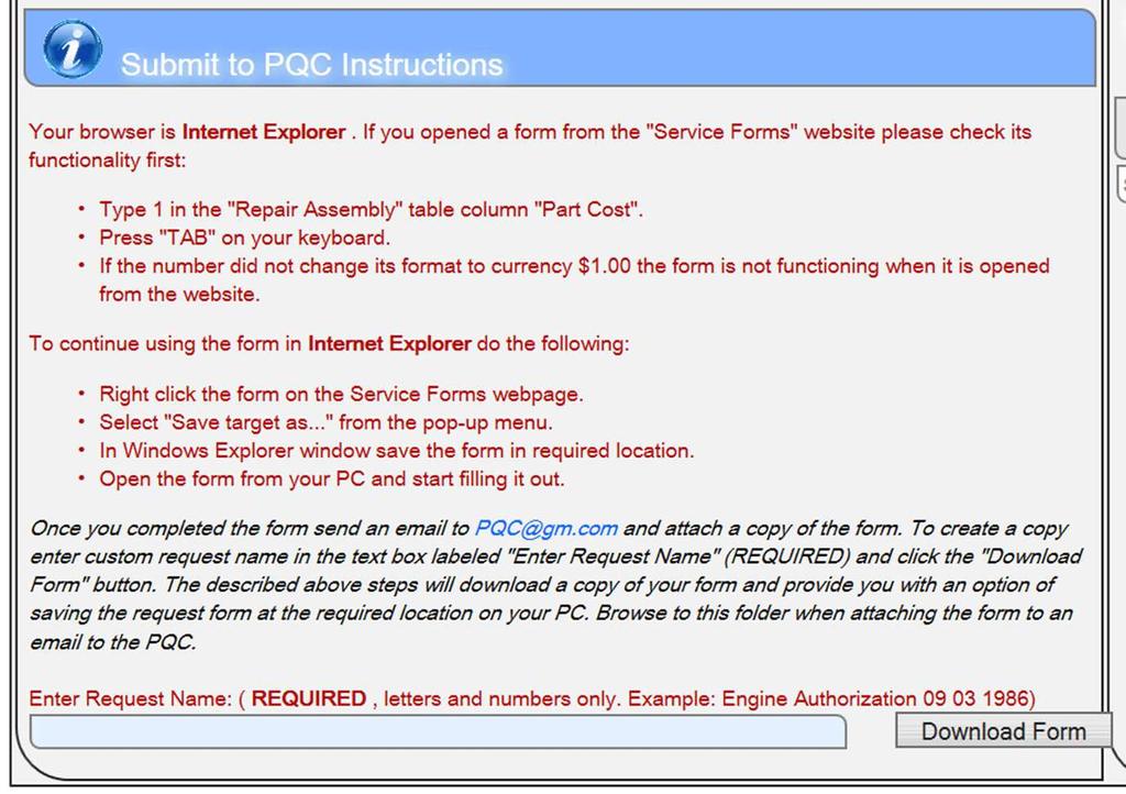 Page 4 of 5 Submit to PQC Instructions (Emailing Instructions for web-based.html files) Typical view of the emailing instructions contained within the web-based.html files. Engine and Automatic Transmission Replacement Concerns Emailing.