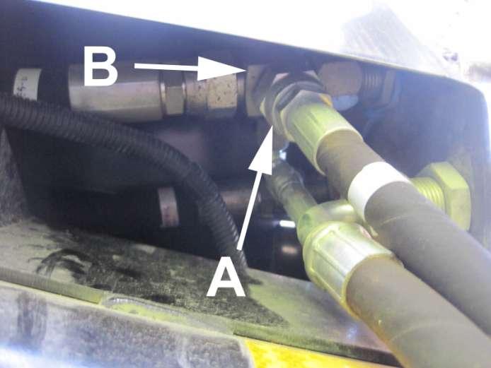 FIGURE 8 HOSE ATTACHMENT FROM BOTTOM UP 1. Disconnect hoses end A from the fitting B The pressure hose A comes from the return line from the right hand canvas motor 2.