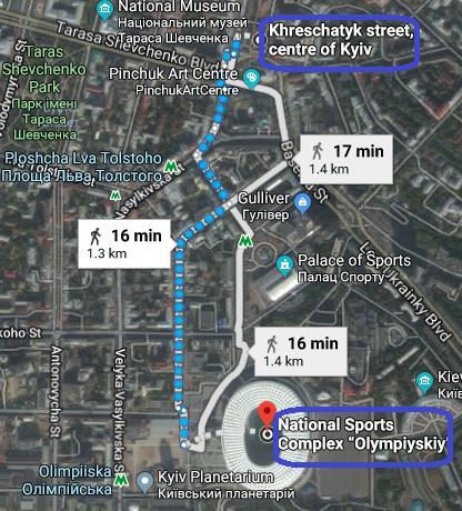 By Taxi approximately 10 minutes By Bus From Khreschatyk Street, spectators can walk to Teatraina Street station (approximately 4 minutes) and take bus 114A to Zhylianska Street station.