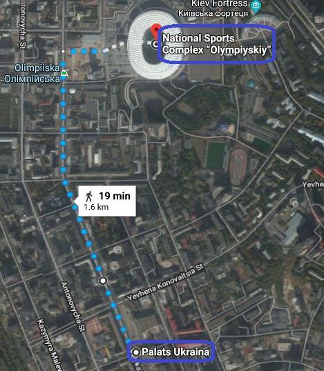 Map: From Palats Ukraina to the stadium From Shevchenko Park Liverpool FC Fan Meeting Point To reach the stadium from Shevchenko Park Liverpool FC supporters By Foot approximately 15 minutes By Taxi