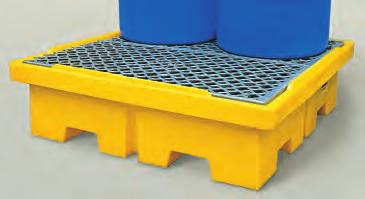 Designed so that hazardous spills can be safely contained in pallet basin, not on your floors or in the soil. Pallets hold two 55 gallon drums. Convenient forklift entry.