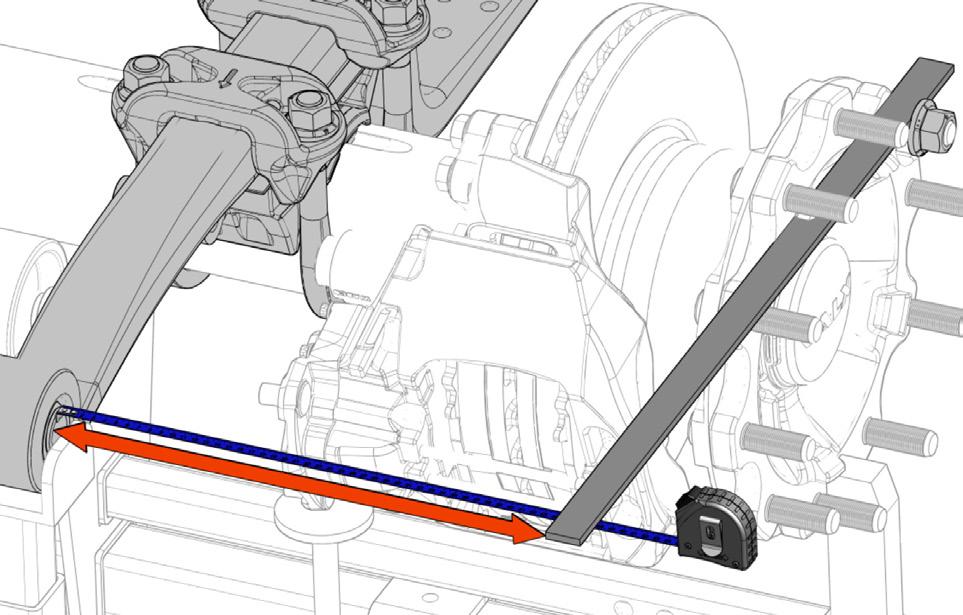 3.6.3 Replace complete air suspension (continued) LEFT SIDE = RIGHT SIDE Check the distance between the trailing arm eye and the hubface on both sides of the axle The distance should be the same on