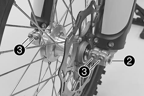 14 WHEELS, TIRES 83 F00313-11 Insert the spacers. Lift the front wheel into the fork, position it, and insert the wheel spindle. The brake linings are correctly positioned. Mount and tighten screw.