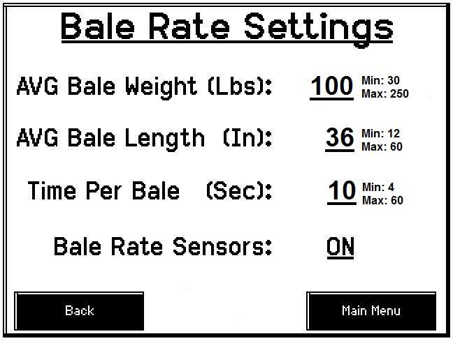 Baling rate After pushing the SETUP MODE key in the Main Menu screen, the top screen should appear: 1 7 2 3 4 5 6 1. On this screen the operator will press the BALING RATE key.