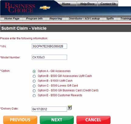 7 On the Submit Claim Vehicle page, submit