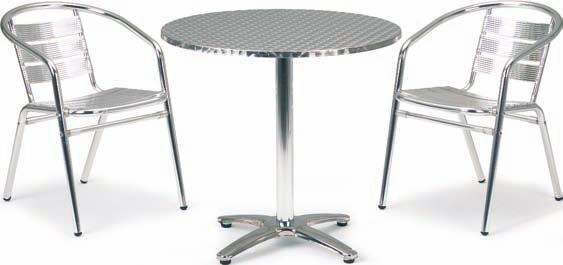 Polished aluminium base on circular tables and adjustable feet for uneven surfaces. Innox chequered stainless steel table tops with wrap round edges.
