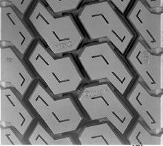 MD II Drive axle retread designed for use in a variety of applications. (1) Open shoulders promote self-cleaning and cool running.