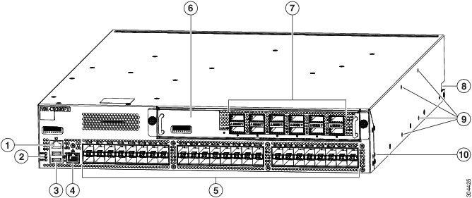 Overview of the Cisco Nexus 9396PX Switch Chassis Hardware Overview The following figure shows the hardware features seen from the port side of the chassis.