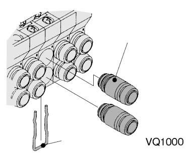 In the double solenoid type, side and side energization are indicated by two colors which match the colors of the manual overrides. (DWG shows a VQ000 case.