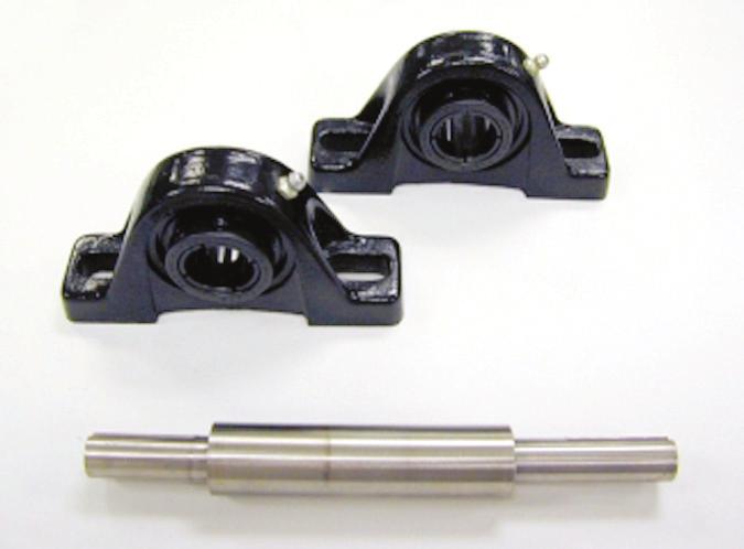 H. Select an 8-inch long shaft from Belt Drive Panel 1 having a 1-inch diameter and 5/8-inch ends. Figure 40. 1-Inch Shaft and Bearings I. Slide the shaft through the two pillow block bearings.