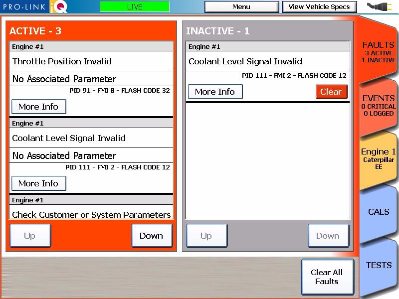 - Faults: Active and Inactive Clearing Inactive Faults For the Caterpillar Electronic Engines application, inactive faults must be cleared one at a time by clicking the red Clear button located at
