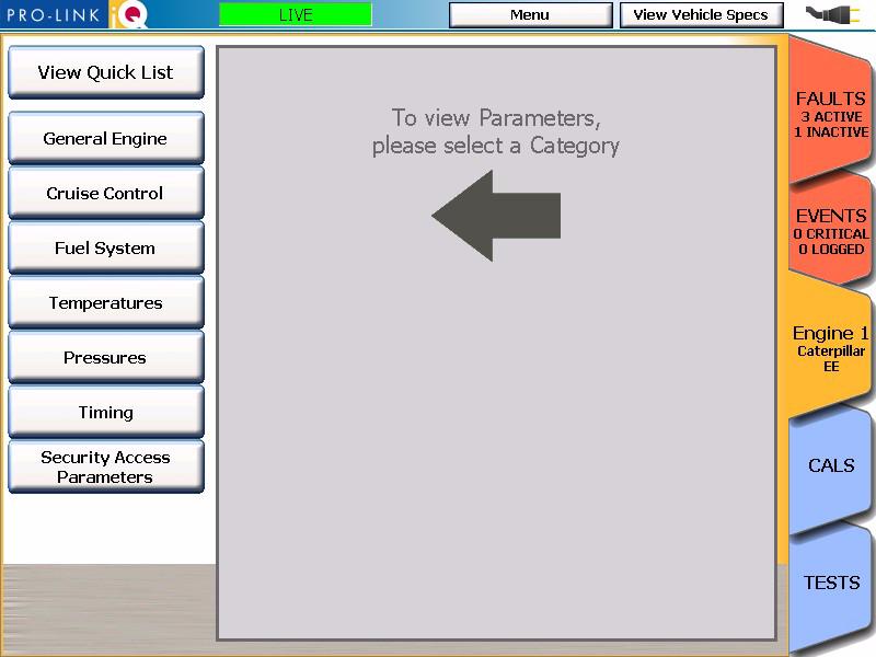 Chapter 4 The PARAMETERS Tab Using the PARAMETERS Tab From the PARAMETERS tab on the Pro-Link iq you can: Select a parameter category you wish to view (page 27) Manage Quick Lists (page 29) The