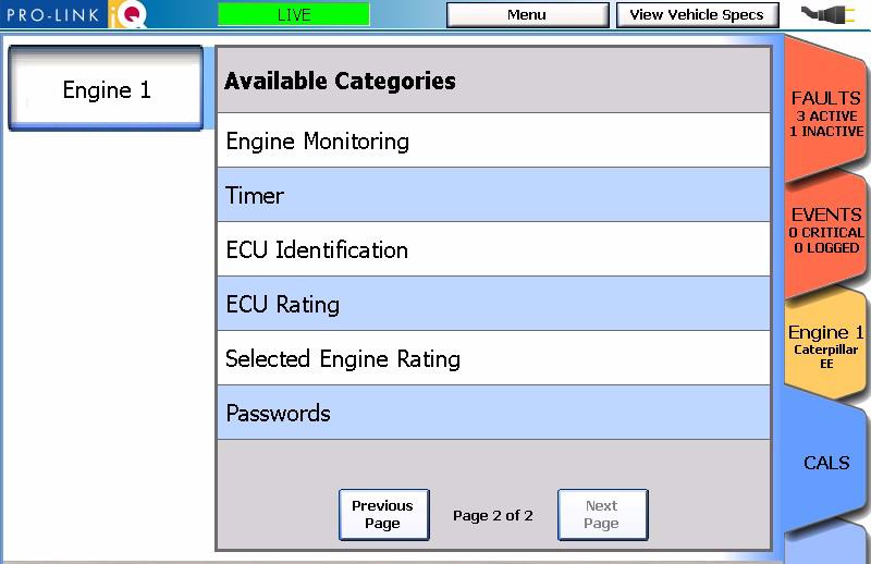 - Example: Calibrating the High Cruise Control Speed Set Limit The iq displays the first page of Available Categories. Figure 5.