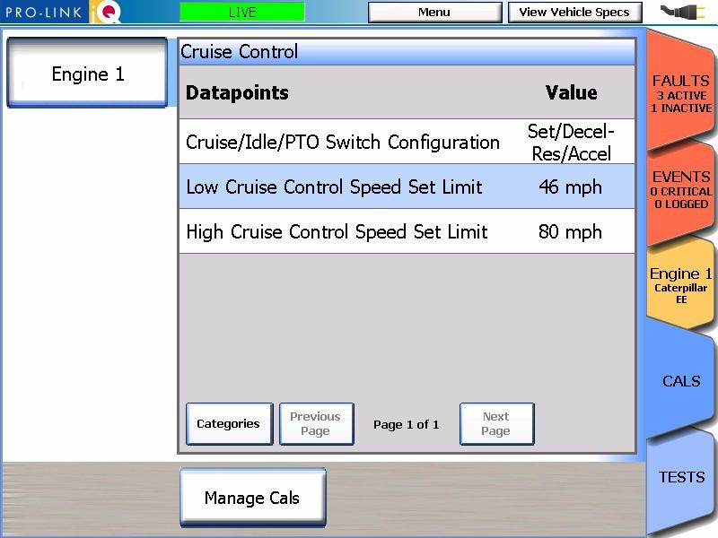 Chapter 5 The CALS Tab 4 Click the Cruise Control category. The iq displays the datapoints for the Cruise Control category. Figure 5.
