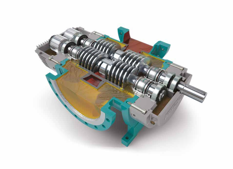 4NS SERIES NOTOS geared twin screw pumps have two shafts and four screws. The torque is transferred to the driven shaft via helical gears. The design is hydraulically balanced.