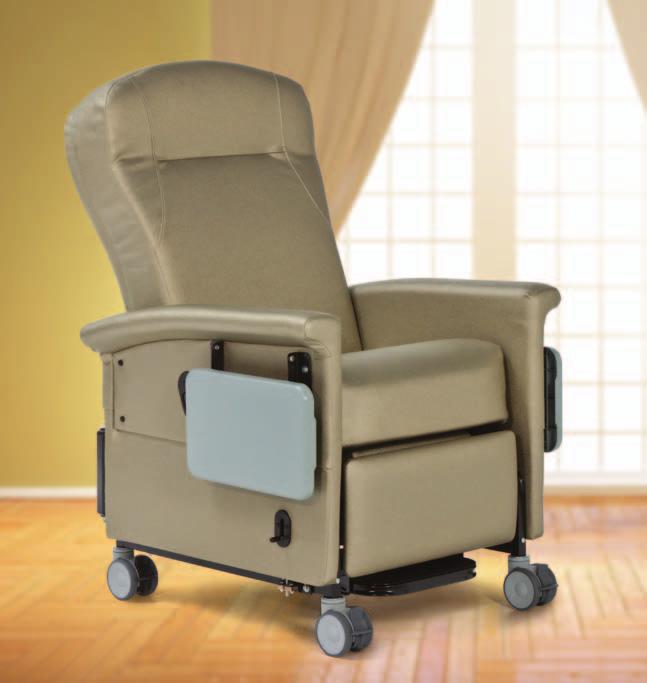 Swing-away arms make lateral patient transfer and infection control easier. Shown with optional second side table. Luxe and stylish, the Ascent II recliner puts a new twist on serious medical seating.
