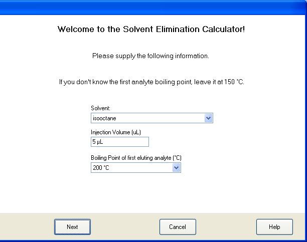 sample, set the solvent to isooctane, the injection volume to 5 µl, and the boiling point to 200 C. Click Next to go to the calculation screen.