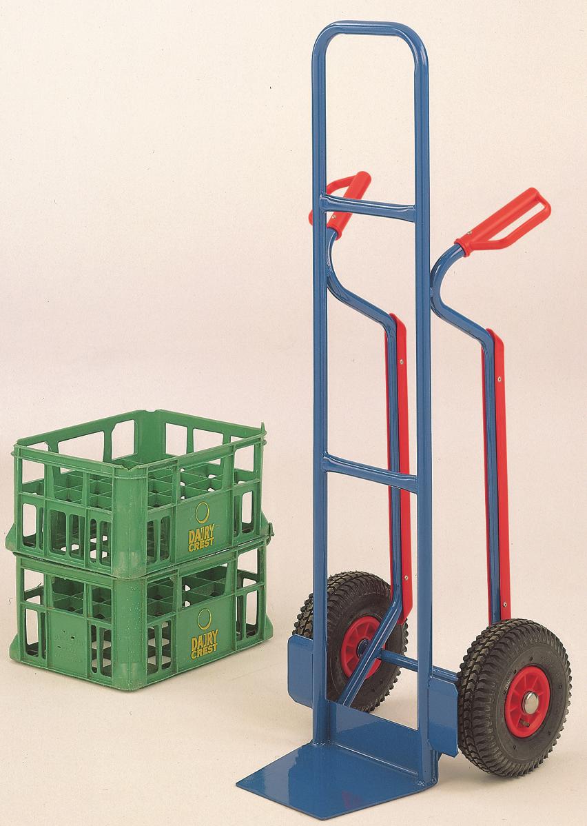 High back allows for stacking of load. Steel welded construction, Finish: Blue epoxy. Choice of solid rubber or pneumatic tyres.