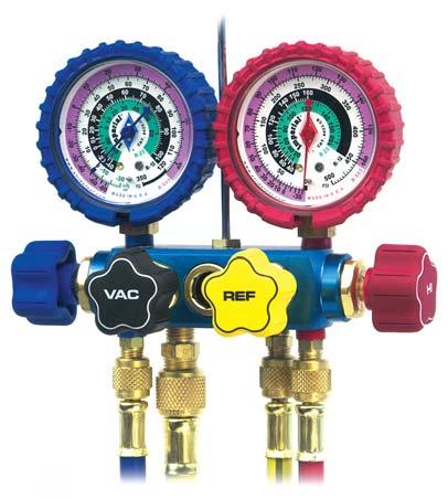 Dual Action Valve - Operates as a conventional manifold, or engage the Kwik-Charge valve and the manifold accepts liquid refrigerant from cylinder and discharges into the low side of the system.