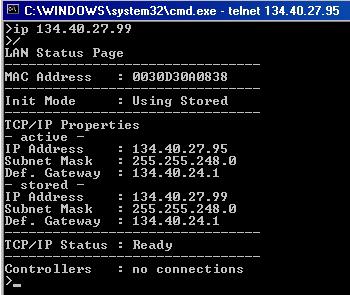 g. Agilent ChemStation), here not connected Figure 53 Telnet - Current settings in "Using Stored" mode 6 Change the IP address (in this example 134.40.27.99) and type / to list current settings.