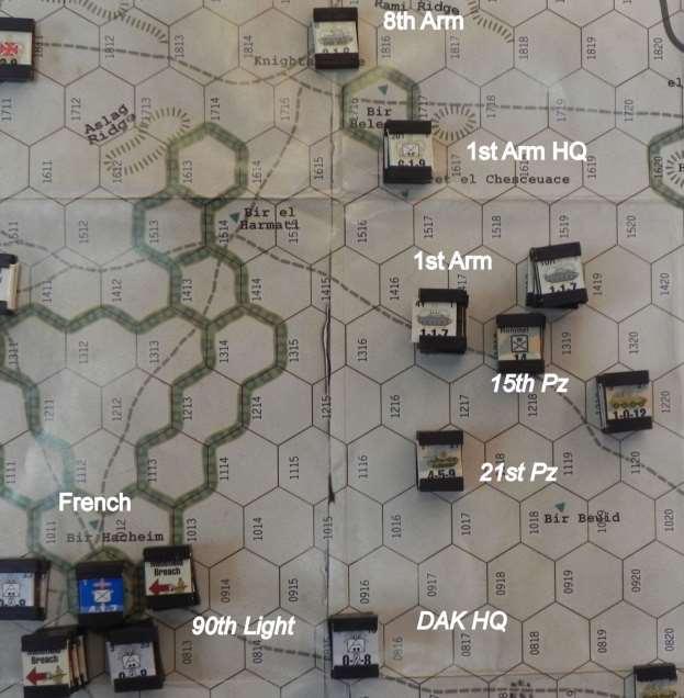 1st Armour impulse The next chit drawn is Rommel, but, stunned by the aftermath of the 1st Armoured attack, he fails his activation roll. The last chit is 50th Infantry.