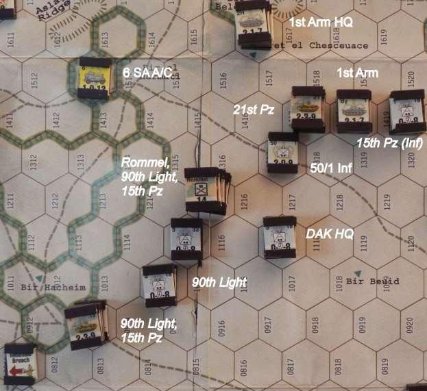 May 30 Axis command level: 1. They choose Afrika yet again, so that they can complete the attack on Bir Hacheim. Rommel is available. Air support at +1. Allied command level: 1.
