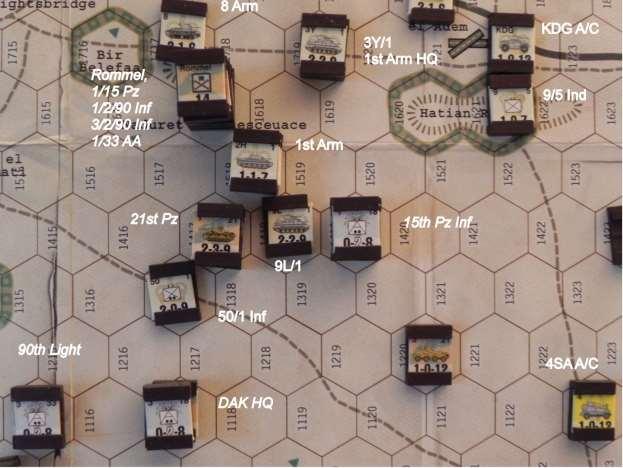 The first chit is Rommel. His group moves to attack the 1st Armour stack that had made the counterattack in the previous turn.
